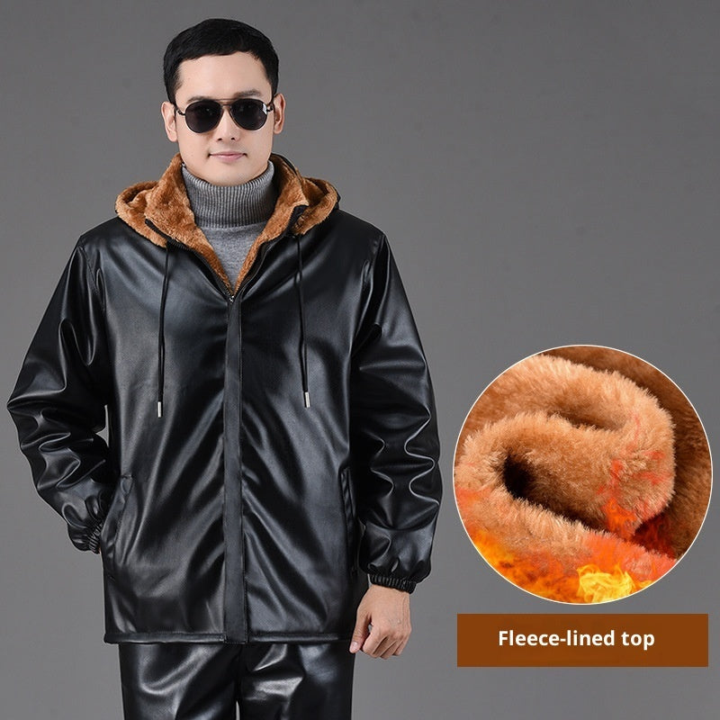 Winter Fleece-lined Plus Thick And Wide Leather Coat For Men